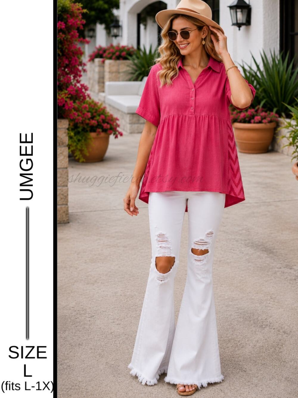 MSRP: $48✨ Umgee Hot Pink Linen Blend Babydoll Tunic Top Size L (Fits up to 1X)✨